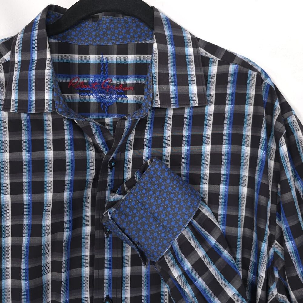 ROBERT GRAHAM Mens Classic Fit Plaid Blue‎ Black XL Button Shirt